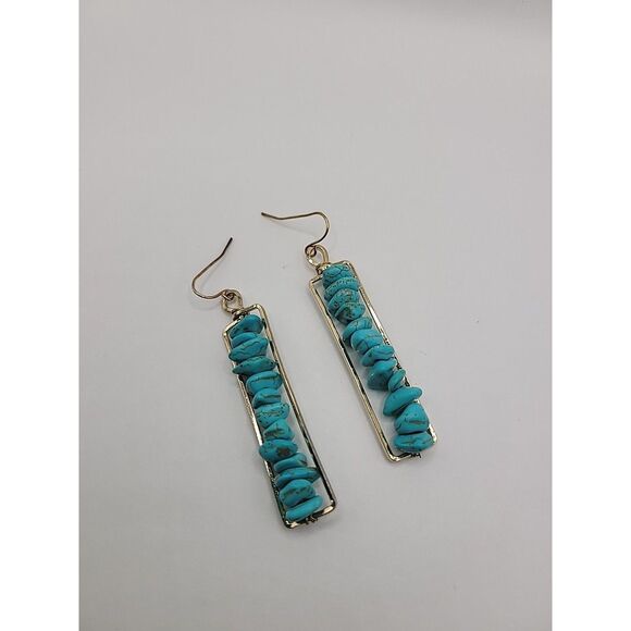 Vintage Blue Chip Bar Earrings Gold Tone Rectangular Dangle Boho Pierced Jewelry - Picture 5 of 11